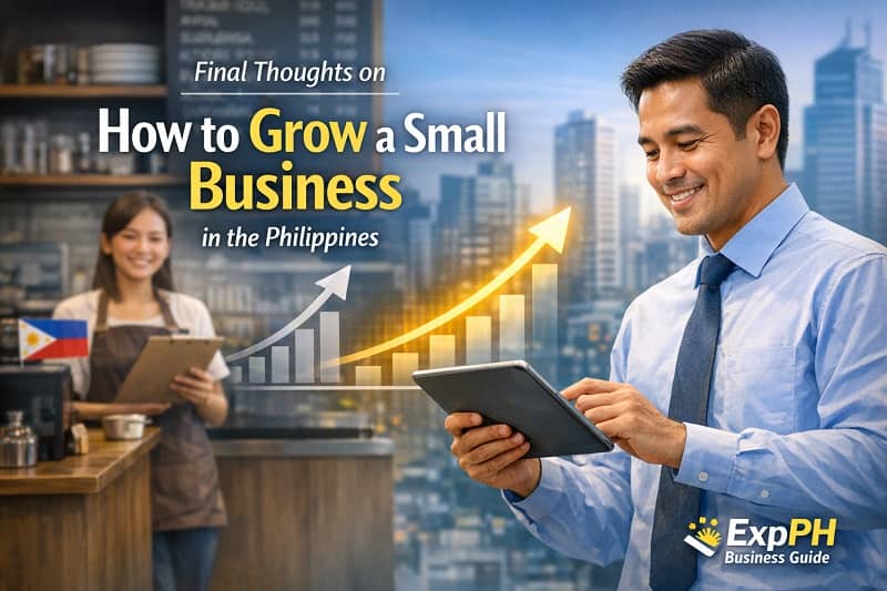 Filipino entrepreneur using a tablet in a small café with growth chart overlay representing business growth in the Philippines
