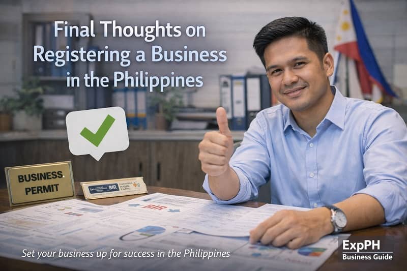 Successful Filipino entrepreneur reviewing business documents with approved permits in a Philippine office