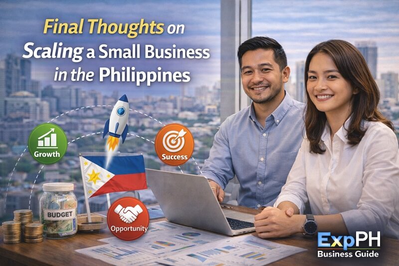 Filipino entrepreneurs reviewing business growth plans and financial charts representing final thoughts on scaling a small business in the Philippines.
