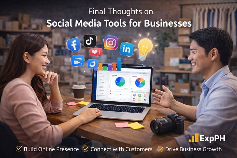 Filipino entrepreneurs discussing social media tools and reviewing analytics on a laptop in a small business workspace