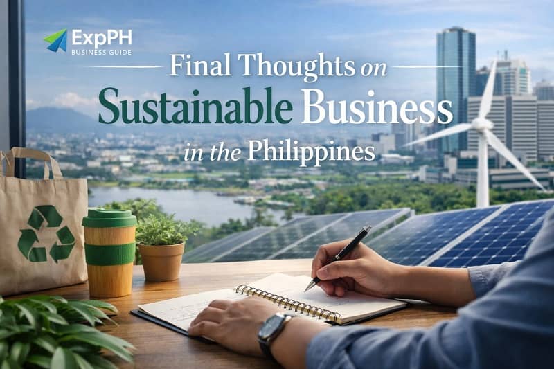 Filipino business owner writing notes in an eco-friendly workspace with solar panels and city skyline, representing sustainable business in the Philippines