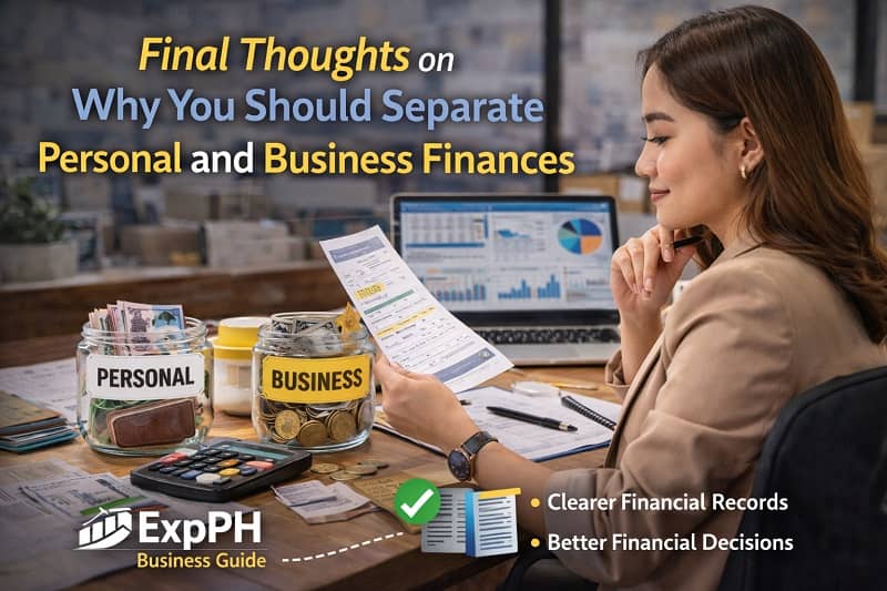 Filipino entrepreneur reviewing financial documents with jars labeled personal and business finances on a desk.