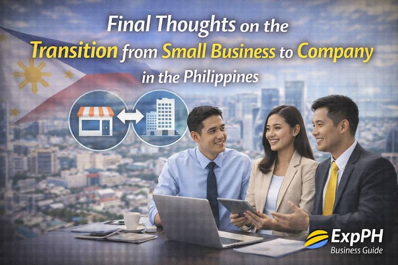 Filipino professionals discussing business transition from small business to company in a modern office with city skyline in the Philippines
