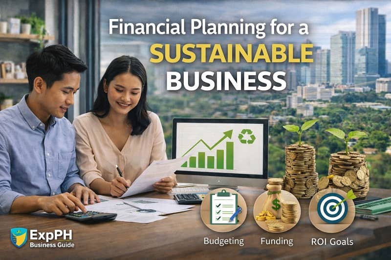 Filipino entrepreneurs planning finances for a sustainable business with budgeting tools and eco-friendly growth concepts