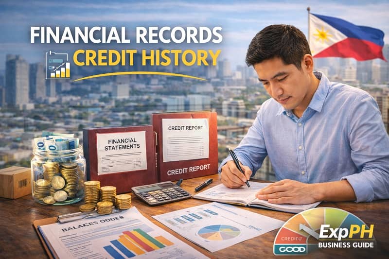 Filipino entrepreneur reviewing financial records and credit history documents with calculator, charts, and financial statements