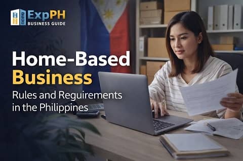 Filipino entrepreneur working from home office reviewing documents and laptop for home-based business registration requirements in the Philippines