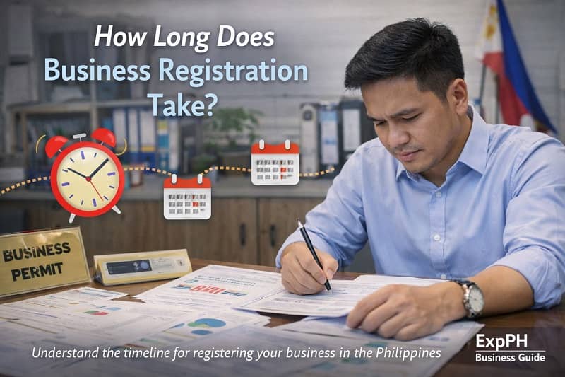 Entrepreneur completing business registration documents with clock and calendar icons showing timeline in the Philippines