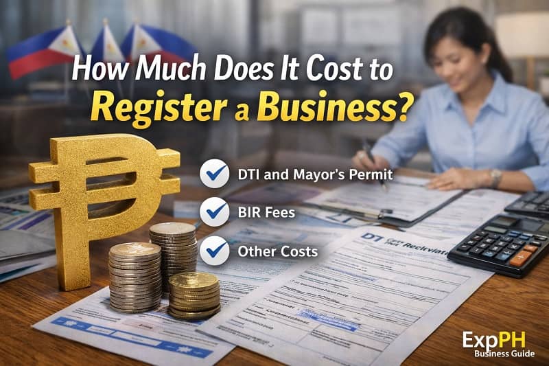 Filipino entrepreneur calculating business registration costs with Philippine peso symbol, documents, and calculator on a desk