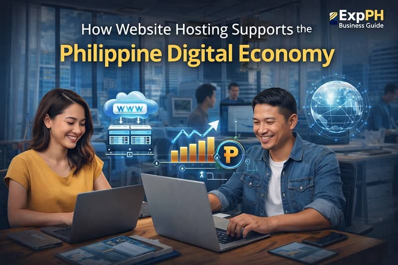 Filipino professionals working on laptops with cloud hosting servers and digital growth icons representing how website hosting supports the Philippine digital economy.