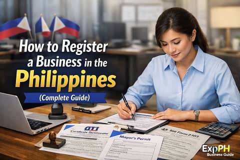 Filipino business owner completing business registration documents in the Philippines including DTI certificate, Mayor’s permit, and BIR forms