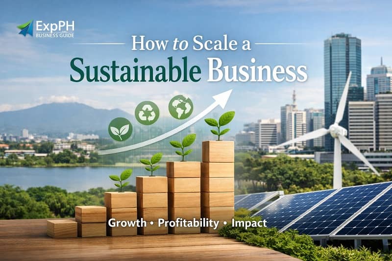 Filipino entrepreneur reviewing business growth charts and eco-friendly products in a modern office, representing scaling a sustainable business