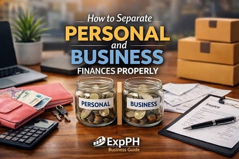 Workspace showing jars labeled personal and business finances with calculator laptop and documents illustrating how to separate personal and business finances properly.