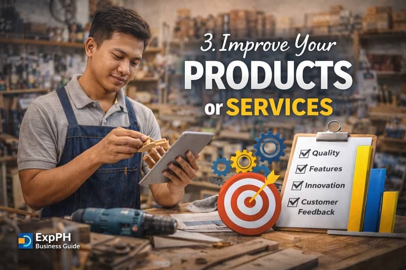 Filipino entrepreneur improving product quality in a workshop using tools and digital tablet representing business product and service improvement in the Philippines