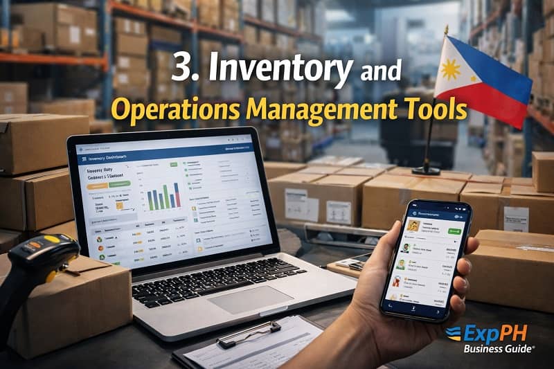 Warehouse inventory system with laptop dashboard, barcode scanner, boxes, and smartphone tracking app in a Philippine business setting