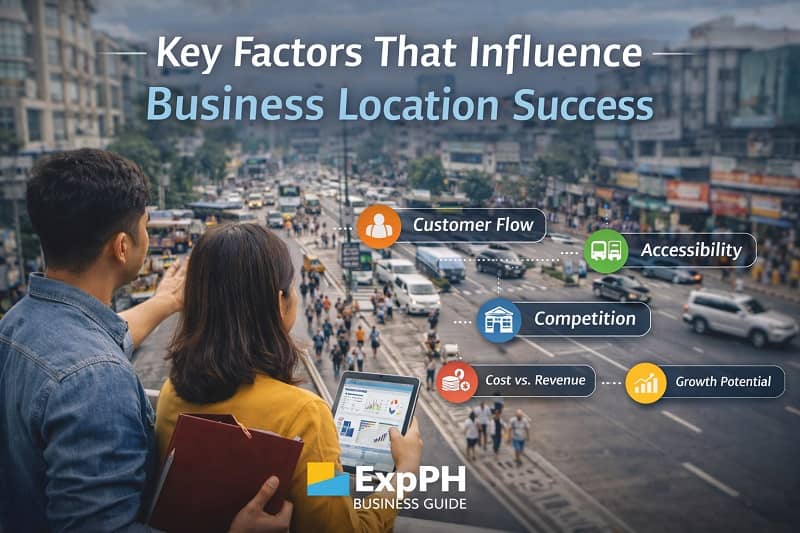 Filipino entrepreneurs analyzing foot traffic, accessibility, and competition to choose a successful business location in the Philippines