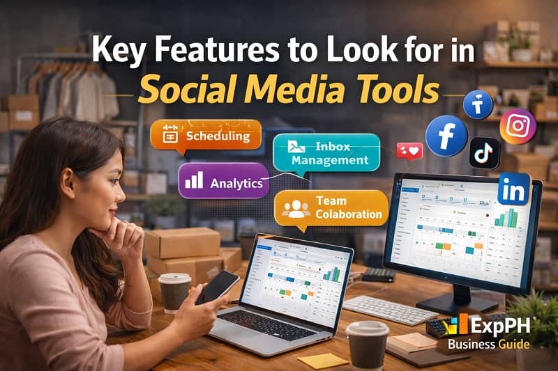 Filipino entrepreneur reviewing social media tool features such as scheduling, analytics, and inbox management on laptop and smartphone in a small business workspace