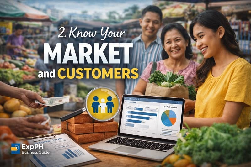 Filipina entrepreneur analyzing customer data in a Philippine market setting representing understanding market and customers for business growth