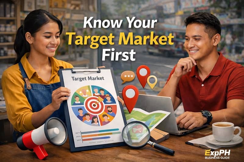 Filipino entrepreneurs analyzing target market profile chart inside a local Philippine business setting