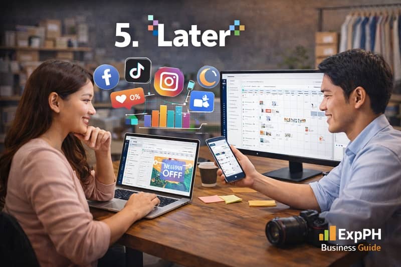 Filipino entrepreneurs using Later on laptop and smartphone to schedule Instagram and social media posts in a small business workspace