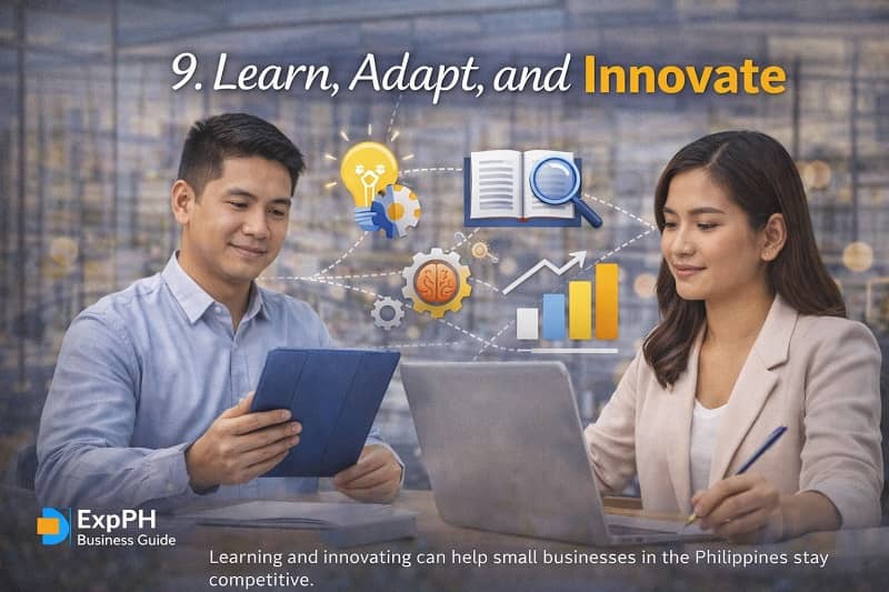 Filipino professionals using laptop and tablet with innovation icons representing learning adapting and innovating in business in the Philippines