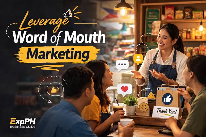 Filipino small business owner interacting with happy customers inside a local Philippine café to encourage word of mouth marketing