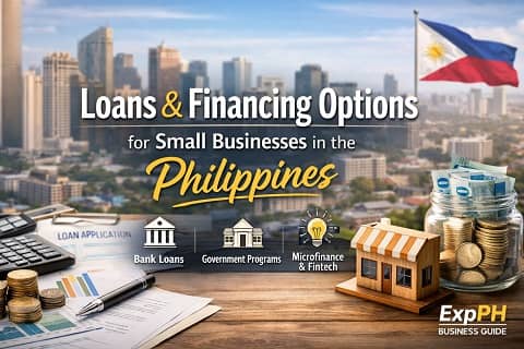 Small business loans Philippines concept with Filipino entrepreneur reviewing loan documents, calculator, coins, and financial papers in a Philippine business setting
