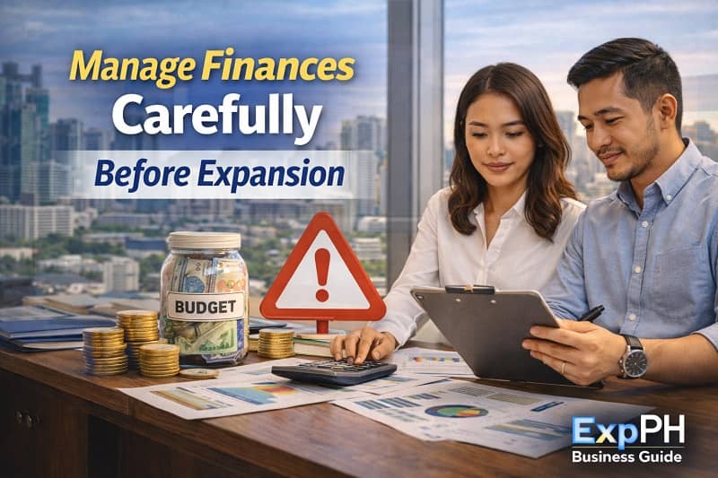 Filipino entrepreneurs reviewing budgets, financial charts, and cash flow reports to manage finances carefully before expanding a small business in the Philippines.