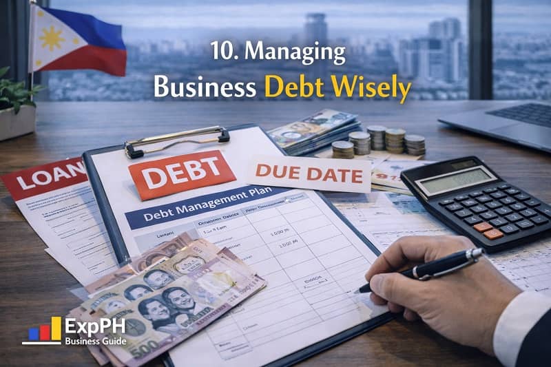 Managing business debt wisely in the Philippines with debt plan documents, calculator, and Philippine peso money on office desk