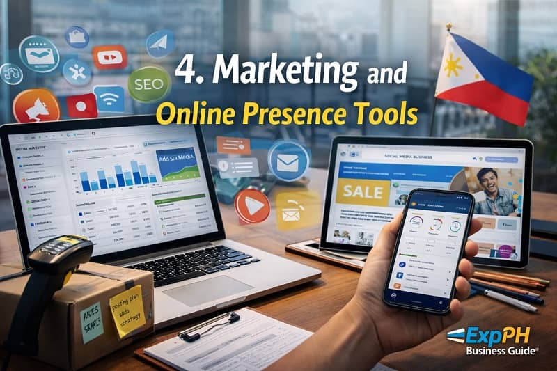 Laptop, smartphone, and tablet showing social media, SEO, and digital marketing dashboards in a modern Philippine office setting