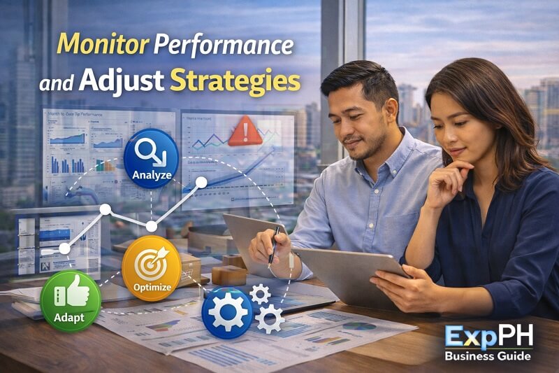 Filipino business professionals analyzing performance charts and business reports to monitor performance and adjust strategies for business growth.