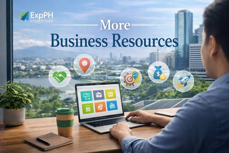 Filipino entrepreneur using a laptop in a modern office with business icons representing marketing, finance, location, and growth strategies