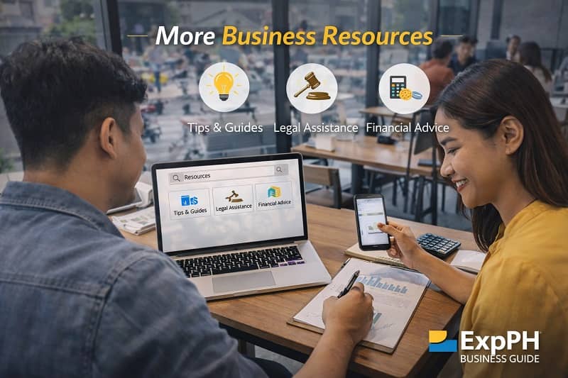 Filipino entrepreneurs exploring business resources such as guides, legal assistance, and financial advice using digital tools