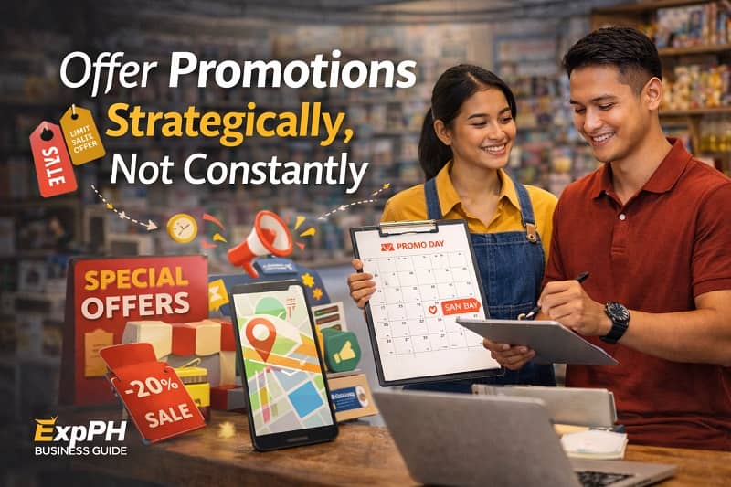 Filipino small business owners planning limited time promotions inside a local retail shop in the Philippines