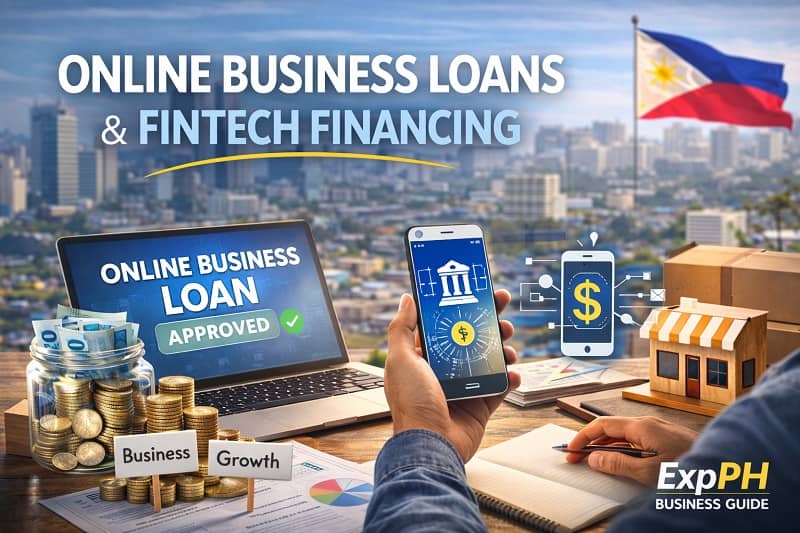 Filipino entrepreneur applying for online business loans using smartphone and laptop with fintech financing icons and digital payment symbols