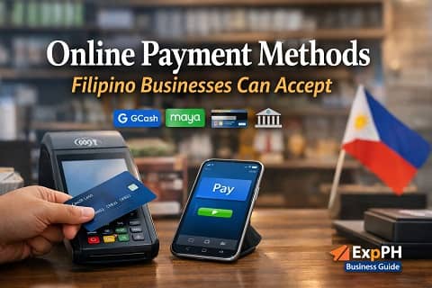 Filipino business owner using POS terminal and smartphone for online payment methods in the Philippines with ExpPH Business Guide logo