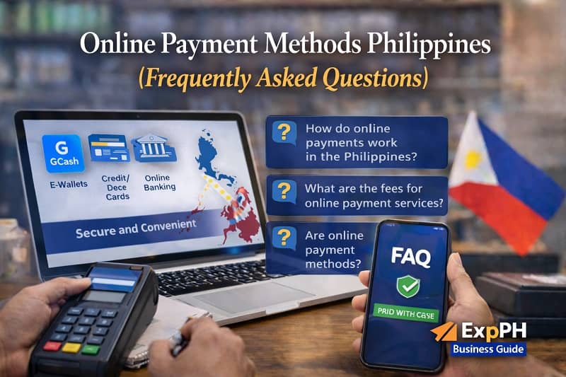 Filipino business setting with laptop showing online payment options and smartphone displaying FAQ screen about online payment methods Philippines