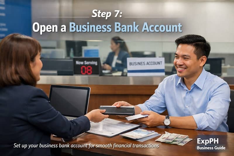 Entrepreneur opening a business bank account at a bank counter in the Philippines with documents and forms