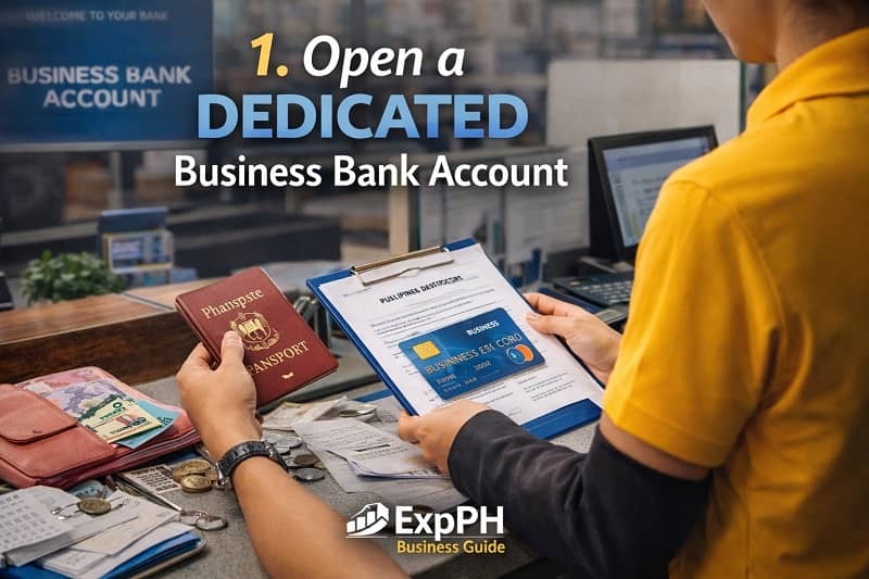 Filipino entrepreneur opening a dedicated business bank account at a bank counter with documents passport and business card.