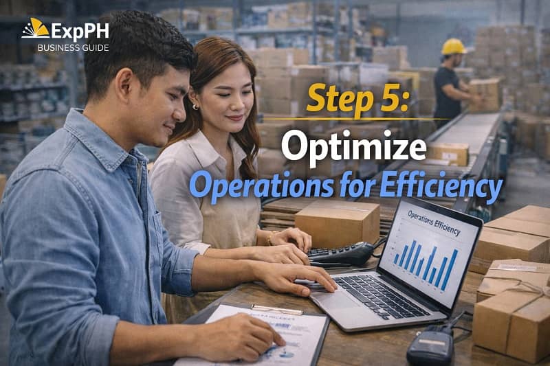 Filipino entrepreneurs improving business operations using laptop analytics and warehouse workflow management