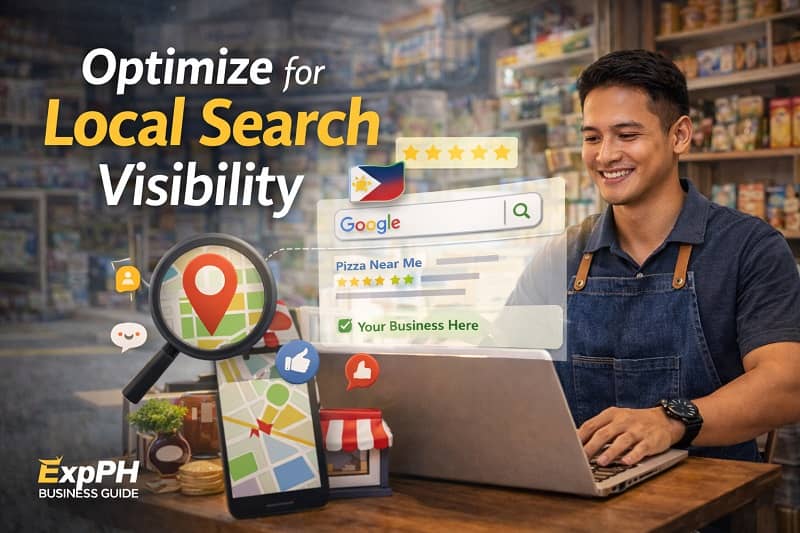 Filipino small business owner using laptop to improve Google local search visibility inside a Philippine retail shop