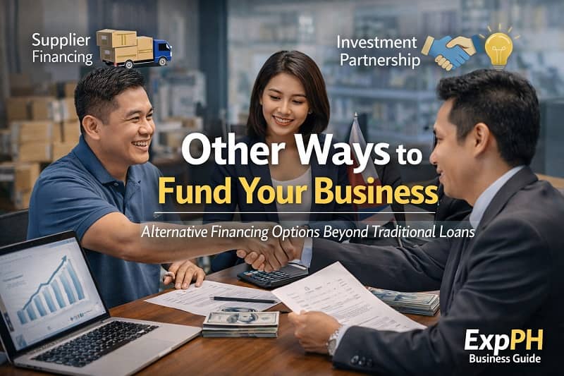 Filipino entrepreneurs discussing business funding options with partnership handshake and supplier financing concepts in an office setting