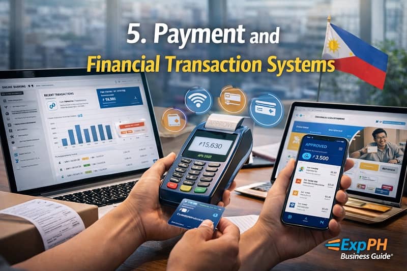 POS terminal, smartphone digital wallet, and laptop online banking dashboard used for business payments in the Philippines