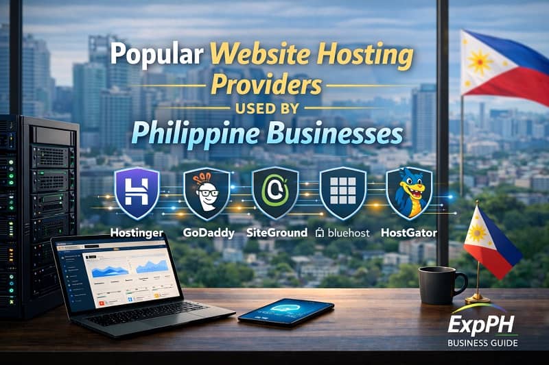 Popular website hosting providers used by Philippine businesses showing hosting platforms, server infrastructure, and a modern Philippine office workspace with the ExpPH Business Guide logo.