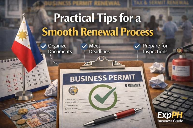 Business permit renewal checklist with organized documents and calendar representing practical tips for a smooth business permit renewal process in the Philippines