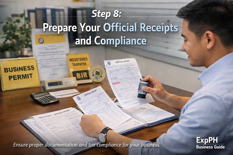 Business owner reviewing official receipts invoices and compliance documents in a Philippine office setting