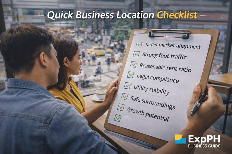 Filipino entrepreneurs reviewing a business location checklist including target market, foot traffic, rent, and safety factors
