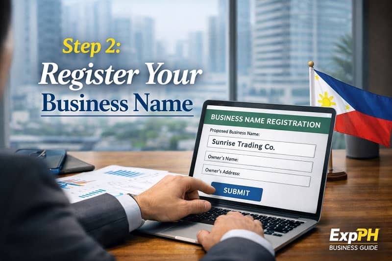 Entrepreneur registering a business name on a laptop with DTI documents in a Philippine office setting