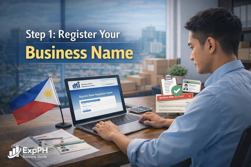Filipino entrepreneur registering a business name online through the DTI Business Name Registration System on a laptop