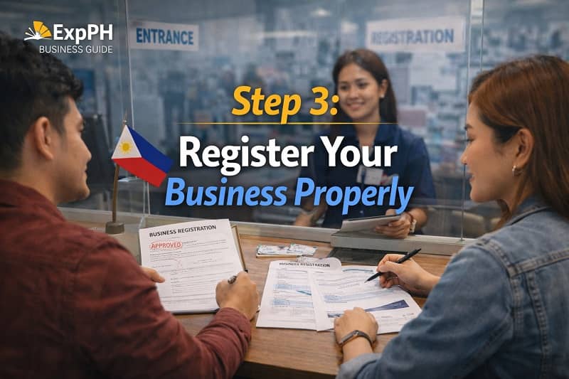 Filipino entrepreneurs registering a business at a government office with documents and approval papers