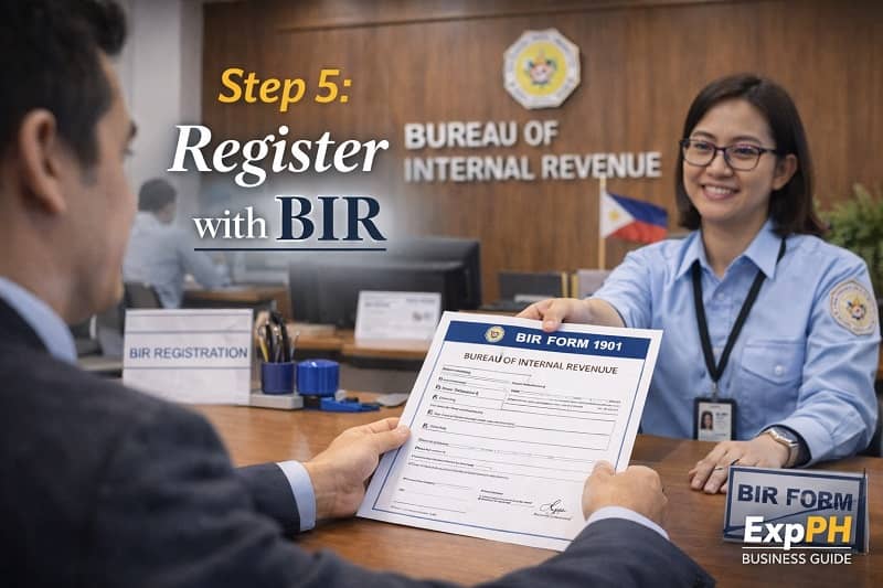 Business owner submitting BIR registration form to a Bureau of Internal Revenue officer in a Philippine office